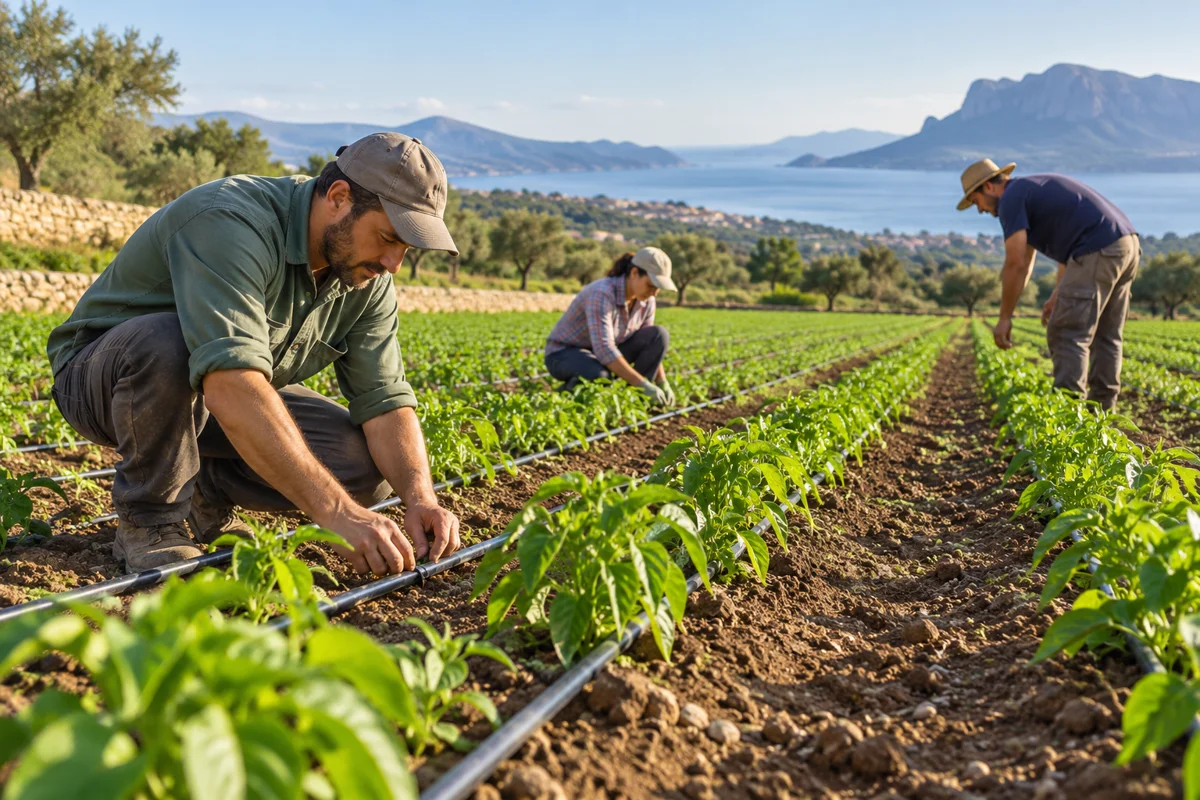 Campo de cultivo visto desde el suelo con trabajadores