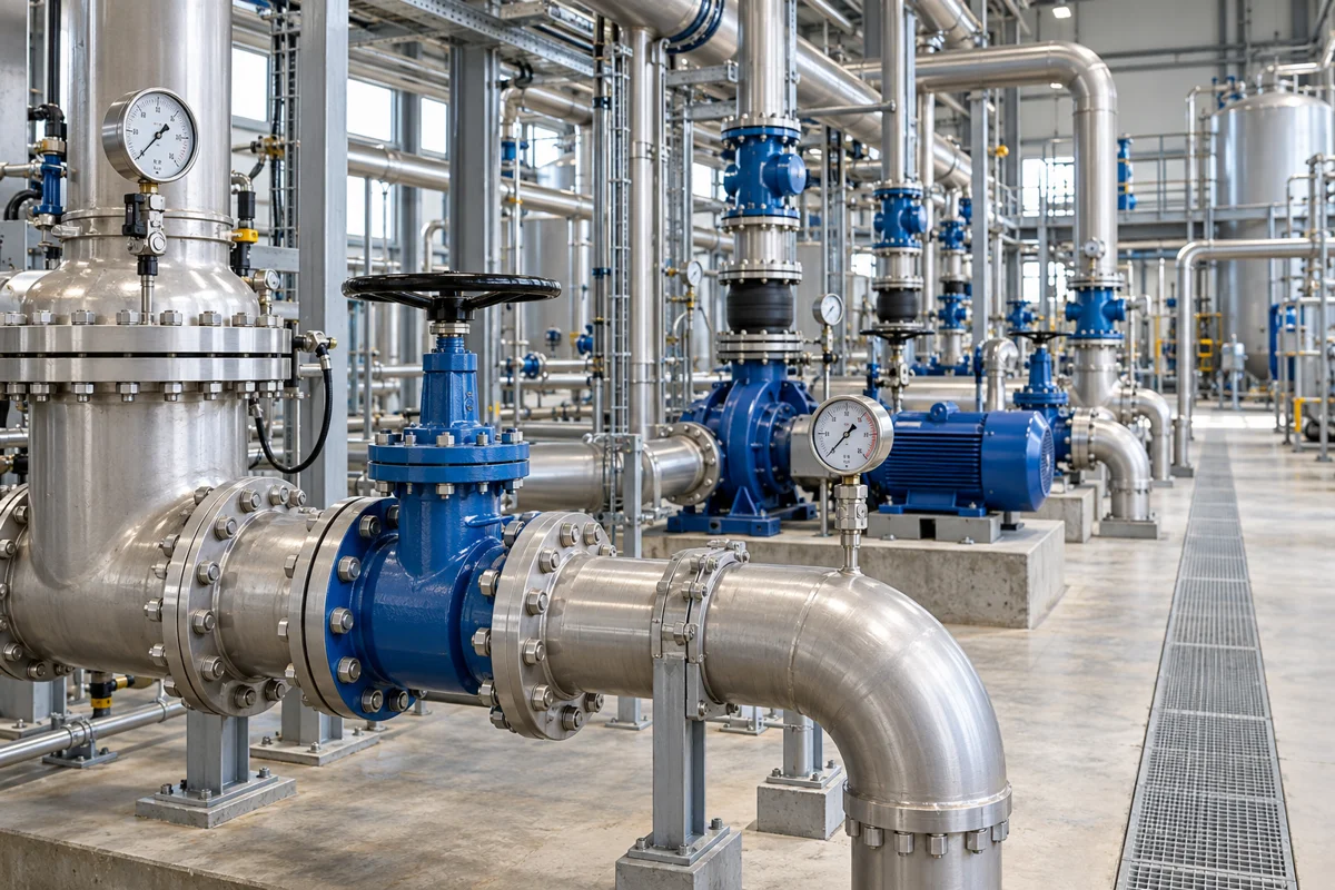 Interior industrial con tuberías, válvulas y bombas